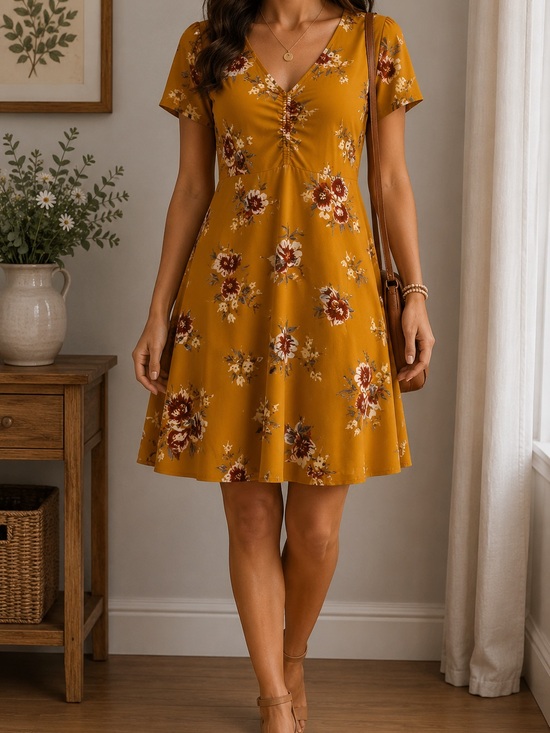 Pink Rose Dresses & Skirts - Pink Rose Mustard Floral V-Neck Midi Dress